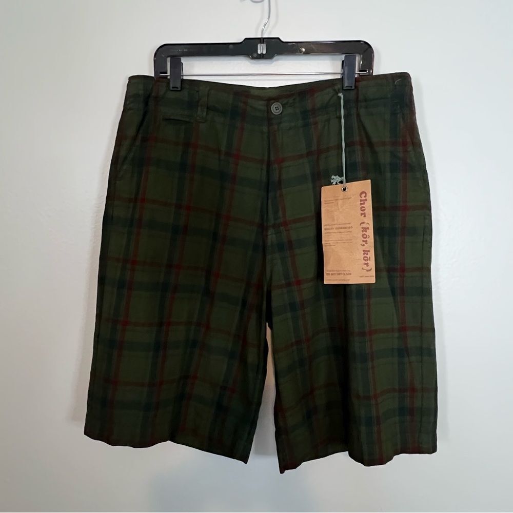 NWT Chor Men's Shorts Plaid Bermuda Green Plaid Size 34 Comfort Summer